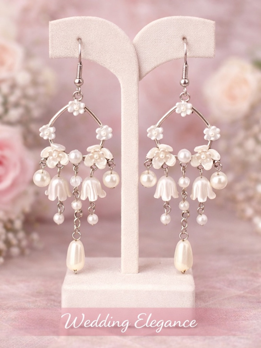 Paparazzi Wedding Style Pearl Floral Chandelier Earrings 3”